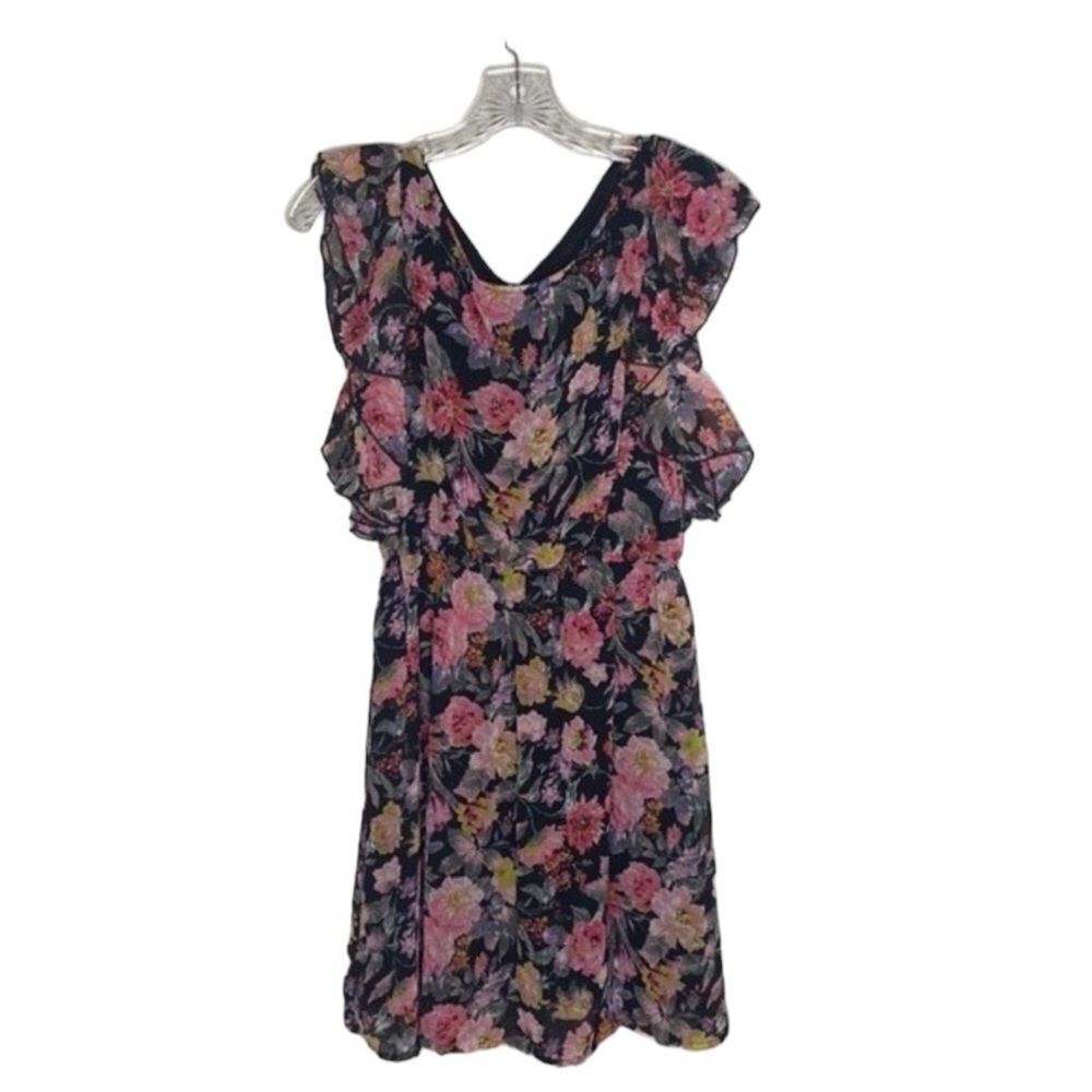 Event Black Pink Floral Elastic Cinched Waist Ruffle Sleeves M